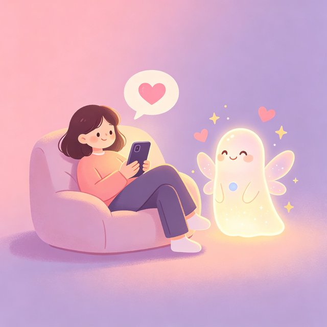 soulai 产品介绍插画：少女与AI精灵温馨相伴